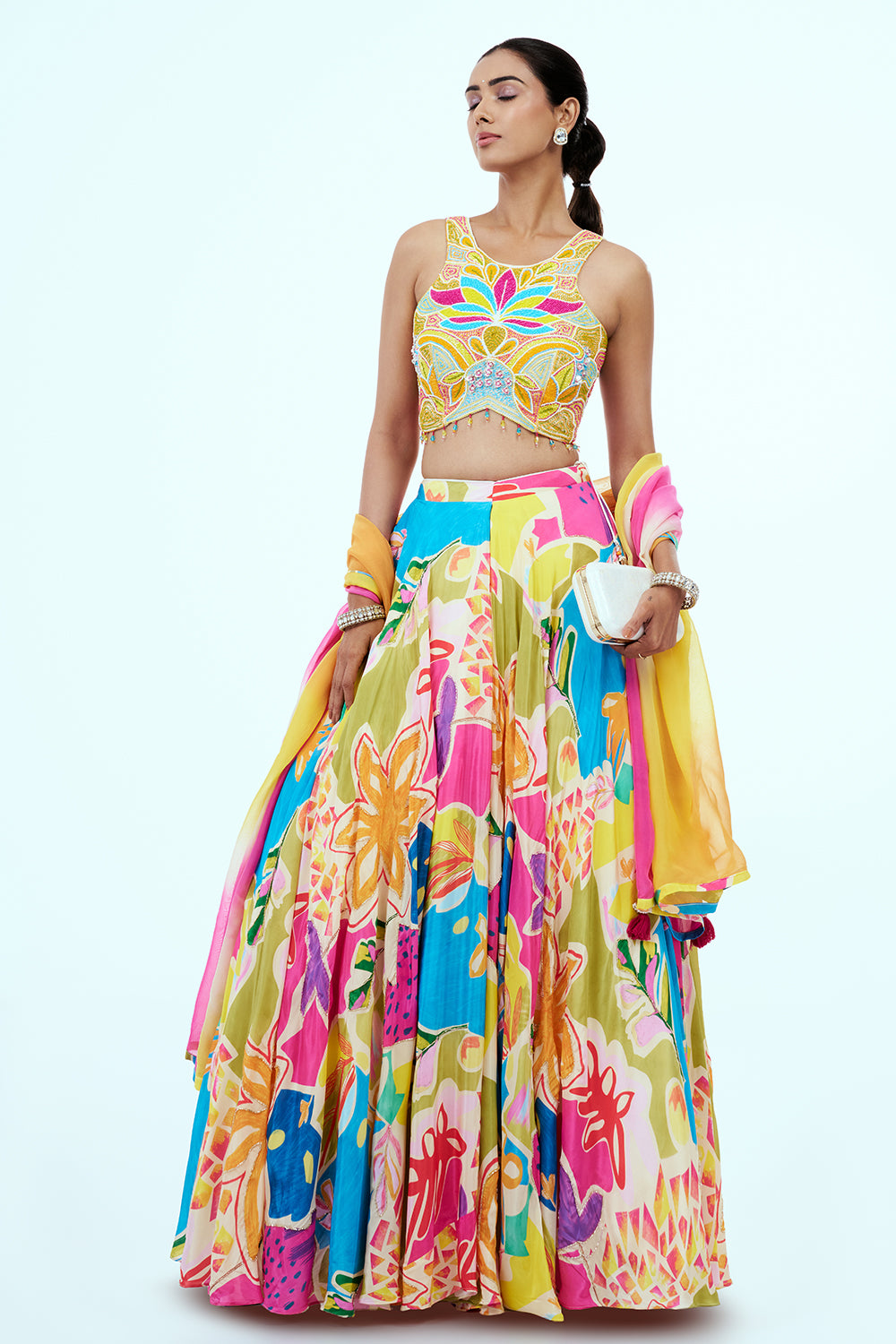 Multi-Coloured Satin Lehenga with Cutdana Work