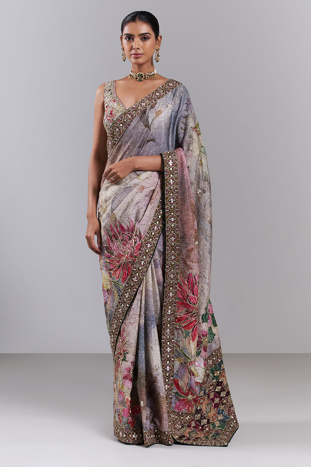 Multi-Coloured Tussar Silk Embellished Saree And Stitched Blouse