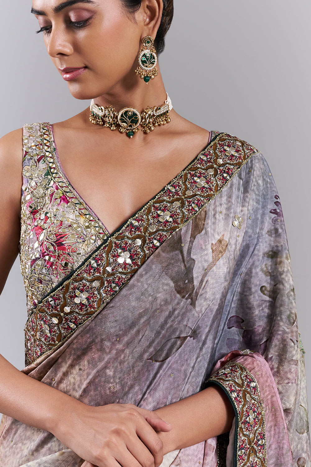 Multi-Coloured Tussar Silk Embellished Saree And Stitched Blouse