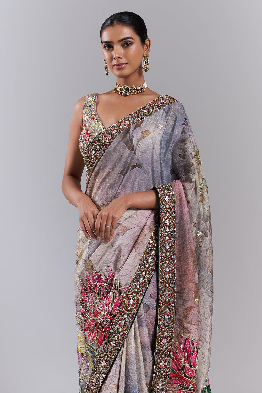 Multi-Coloured Tussar Silk Embellished Saree And Stitched Blouse