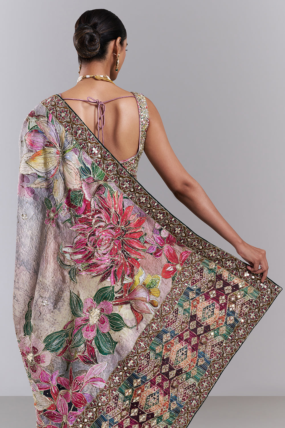 Multi-Coloured Tussar Silk Embellished Saree And Stitched Blouse