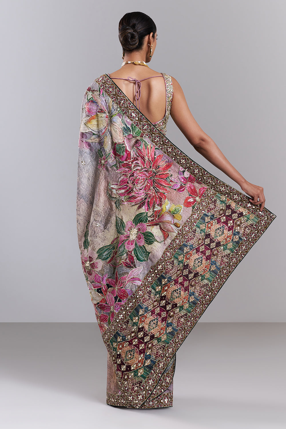 Multi-Coloured Tussar Silk Embellished Saree And Stitched Blouse