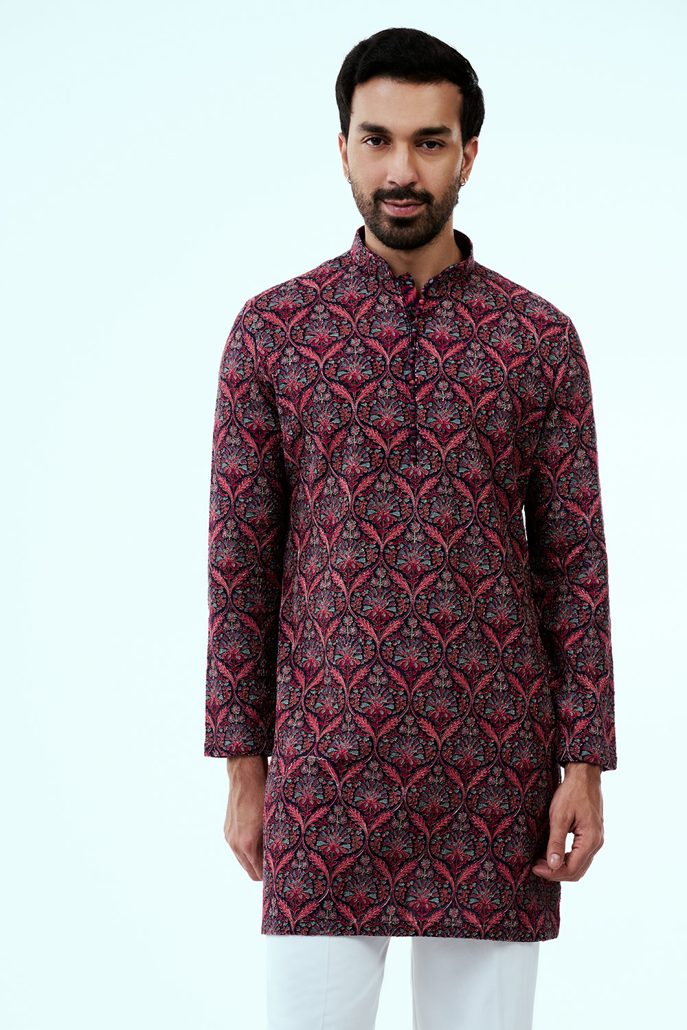Multicolor Art Silk Printed Mens Kurta Set in Resham Work