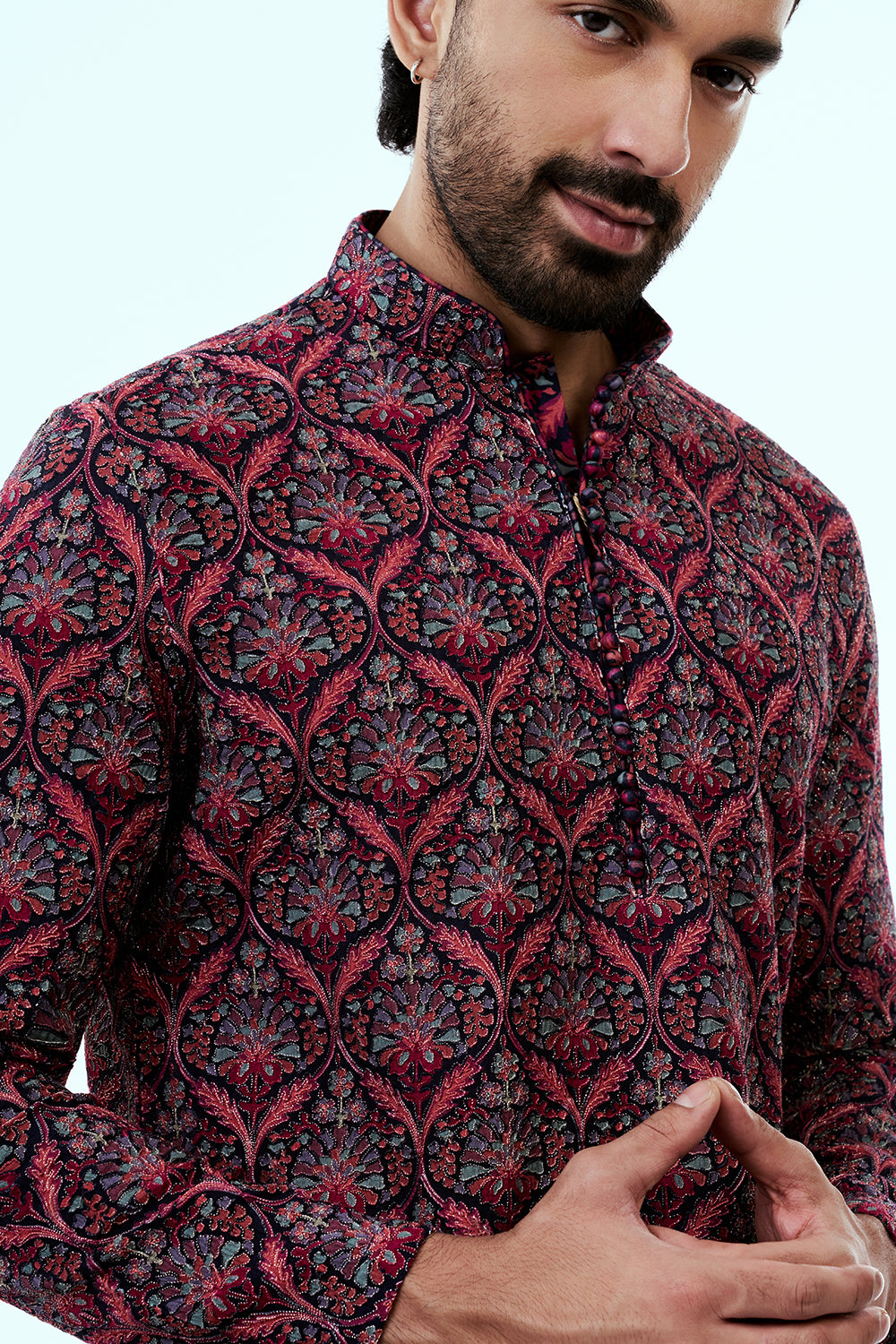 Multicolor Art Silk Printed Mens Kurta Set in Resham Work