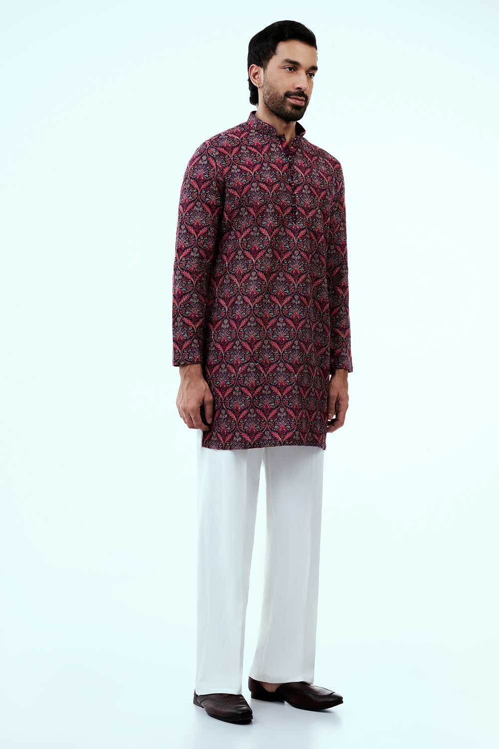 Multicolor Art Silk Printed Mens Kurta Set in Resham Work