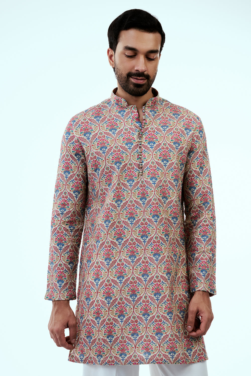 Multicolor Art Silk Printed Mens Kurta Set with Resham Work