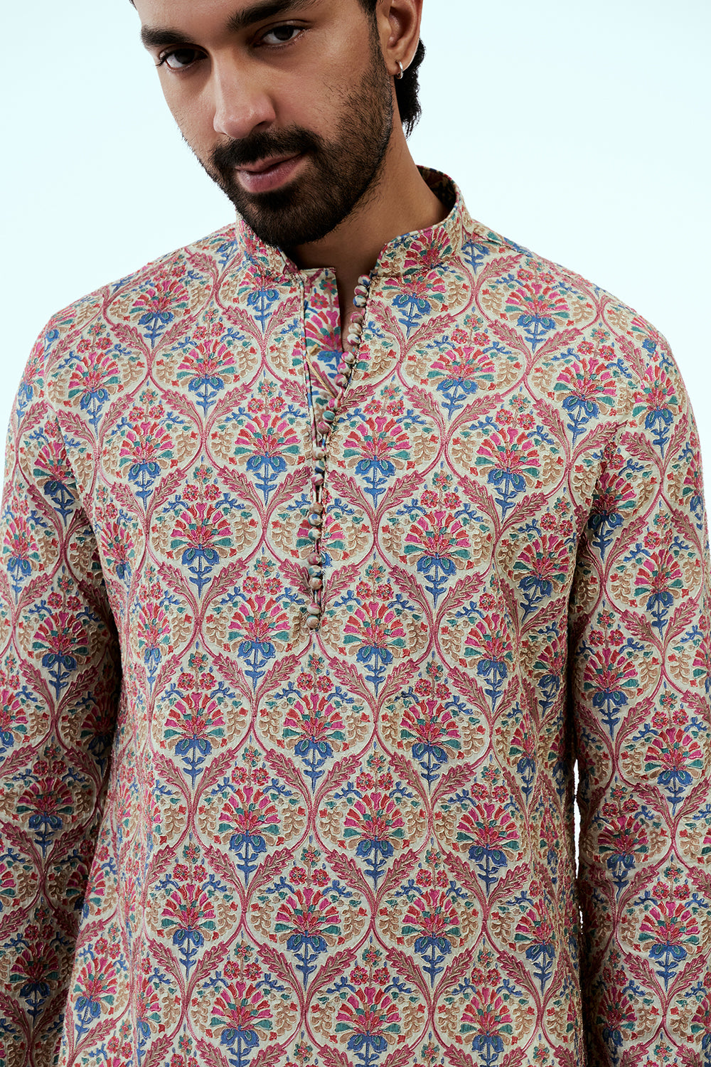 Multicolor Art Silk Printed Mens Kurta Set with Resham Work