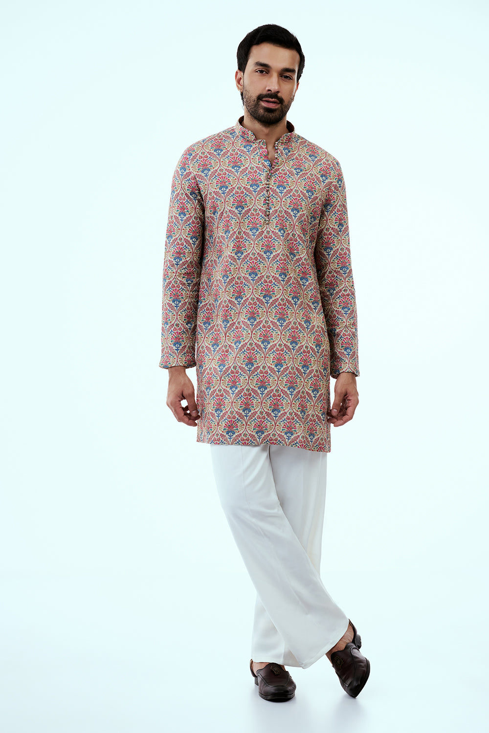 Multicolor Art Silk Printed Mens Kurta Set with Resham Work