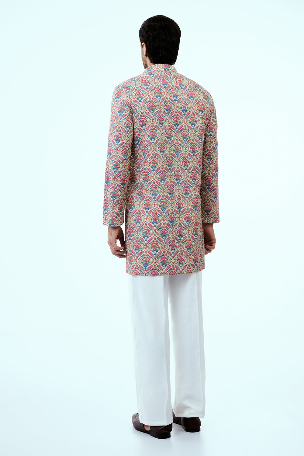 Multicolor Art Silk Printed Mens Kurta Set with Resham Work