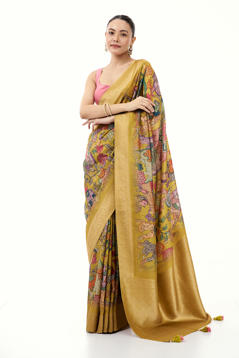 Multicolor Brocade Silk Saree with Madhubani Inspired Print