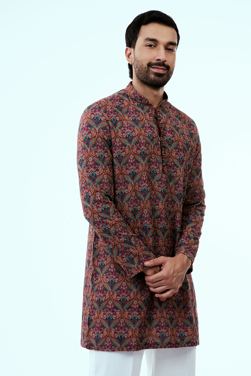 Multicolor Printed Art Silk Mens Kurta Set with Resham Work
