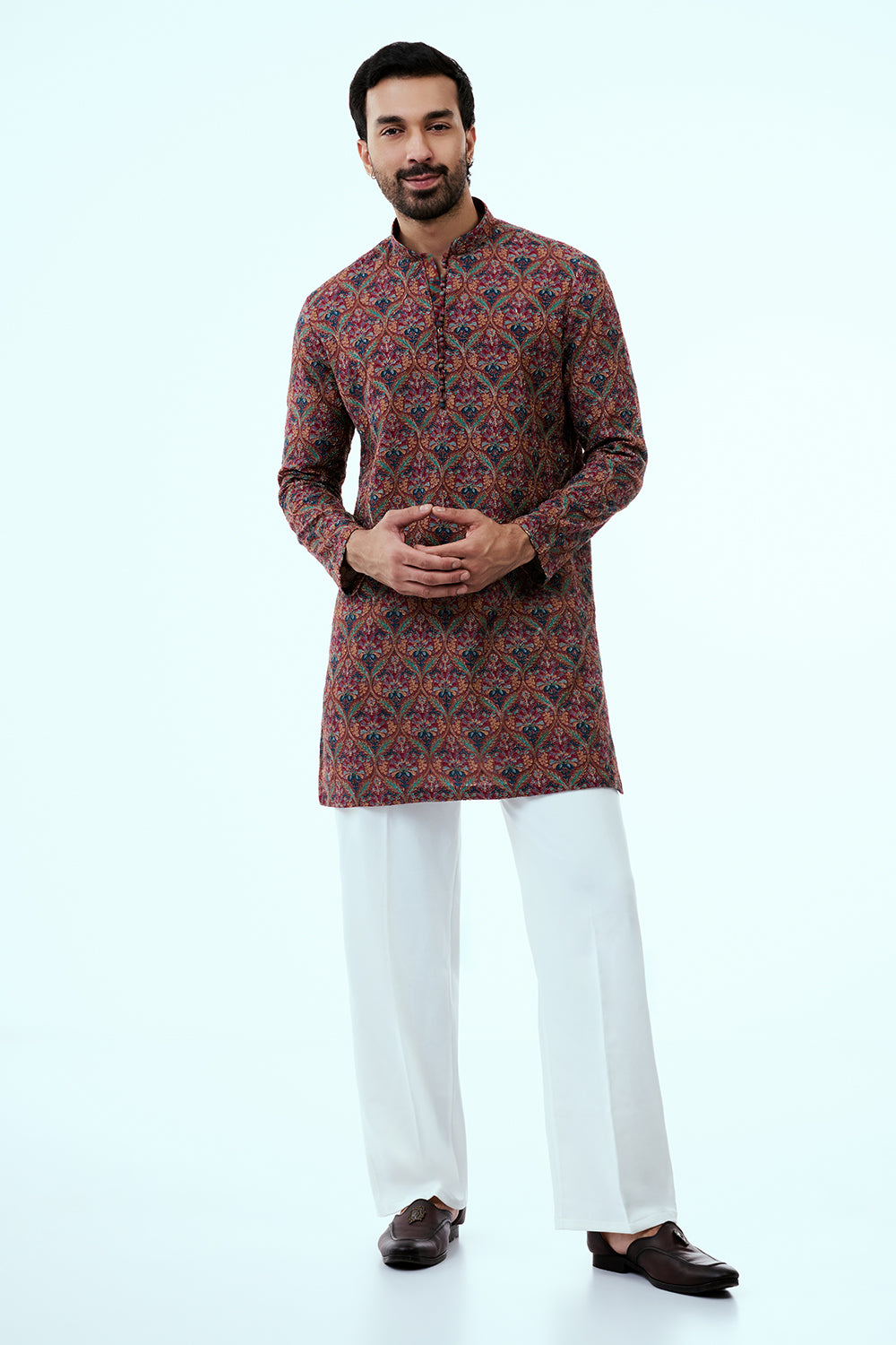 Multicolor Printed Art Silk Mens Kurta Set with Resham Work