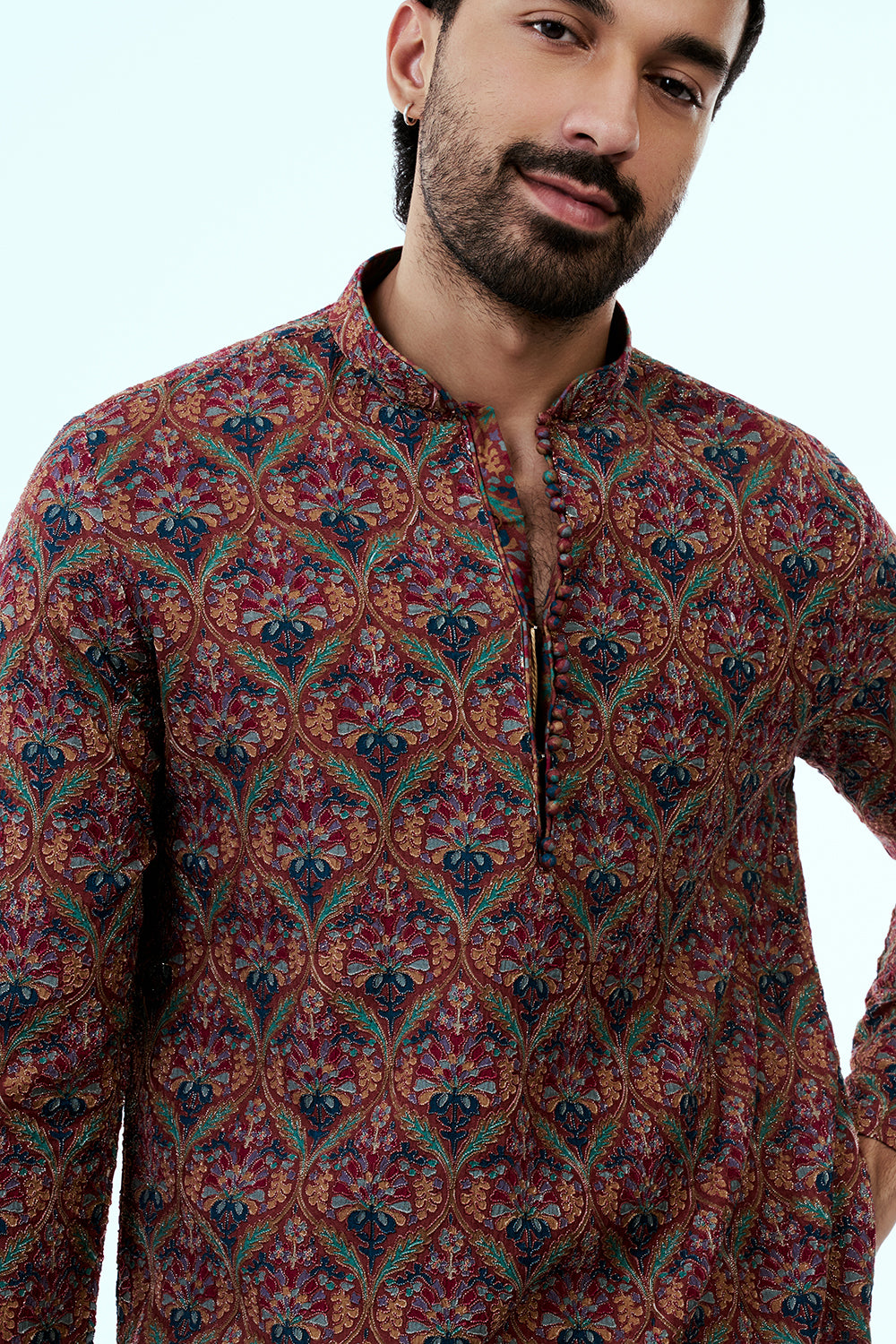 Multicolor Printed Art Silk Mens Kurta Set with Resham Work