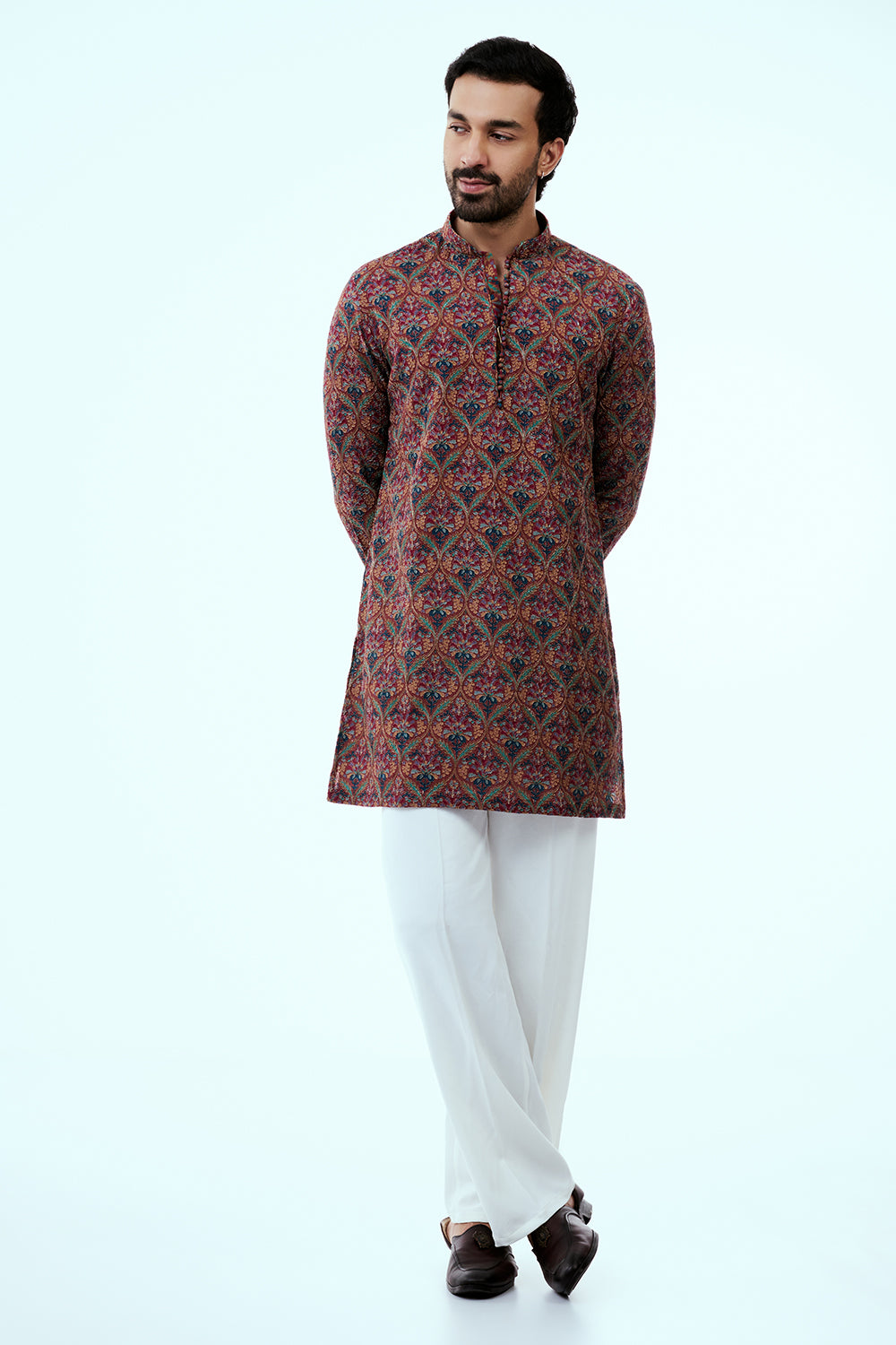 Multicolor Printed Art Silk Mens Kurta Set with Resham Work