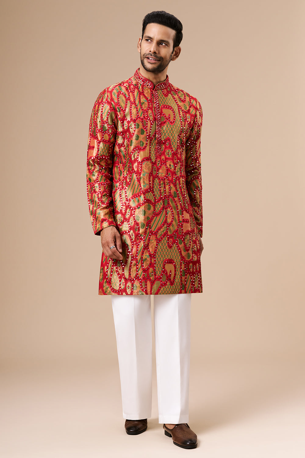 Multicolour Brocade Silk Mens Kurta Set with Mirror and Thread Work