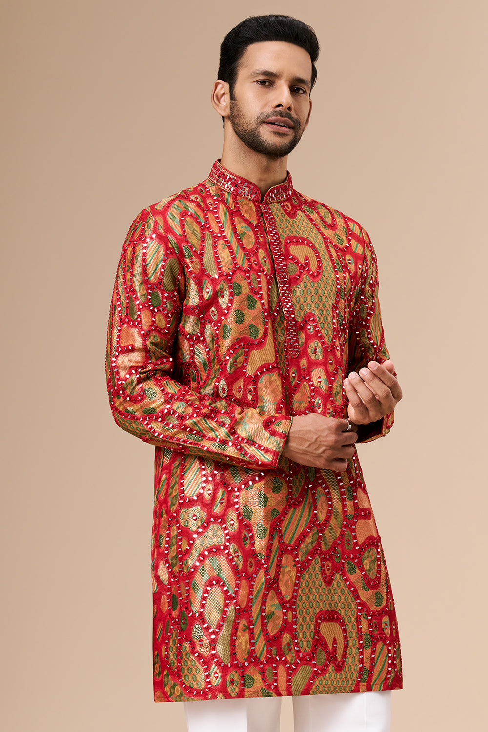 Multicolour Brocade Silk Mens Kurta Set with Mirror and Thread Work