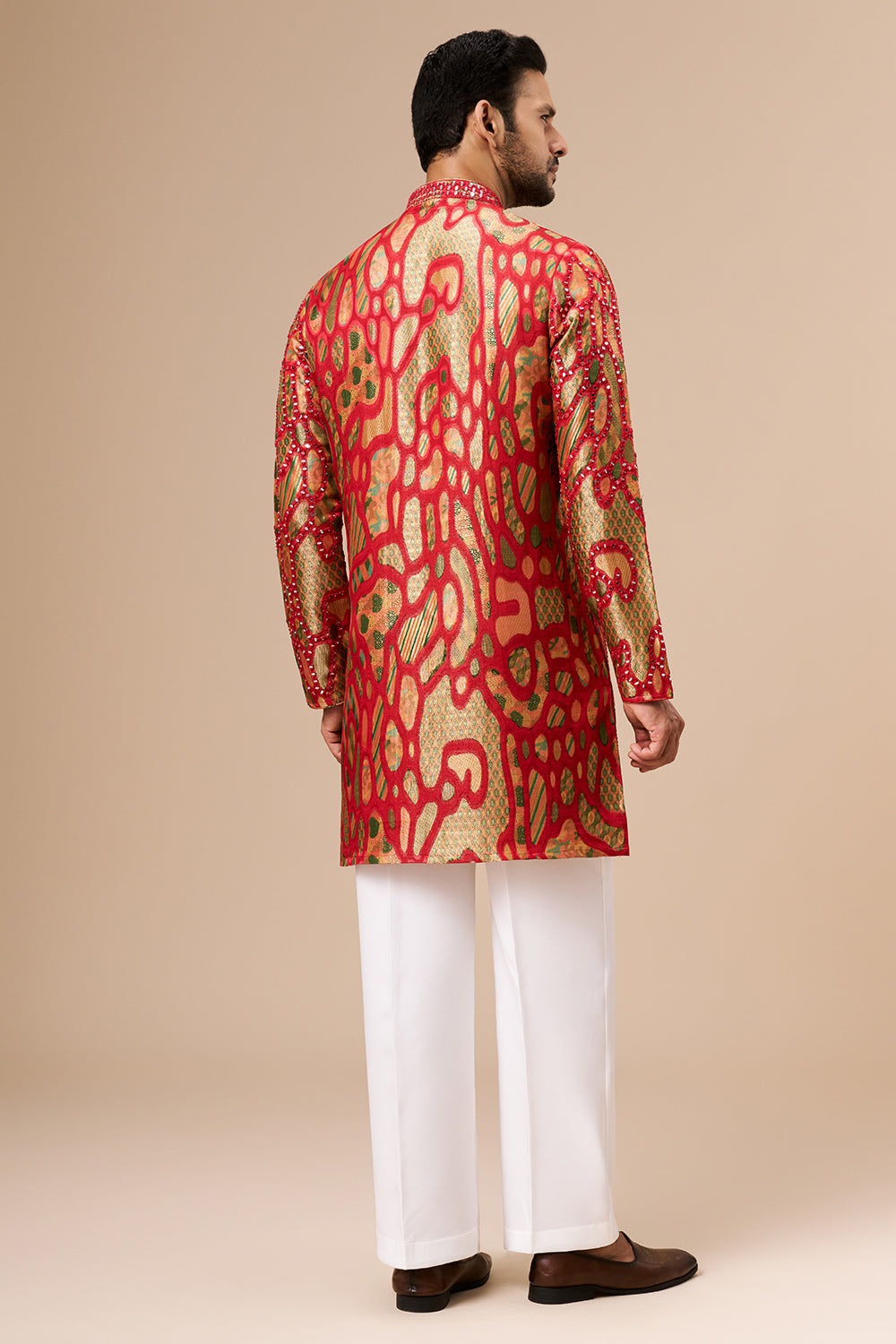 Multicolour Brocade Silk Mens Kurta Set with Mirror and Thread Work