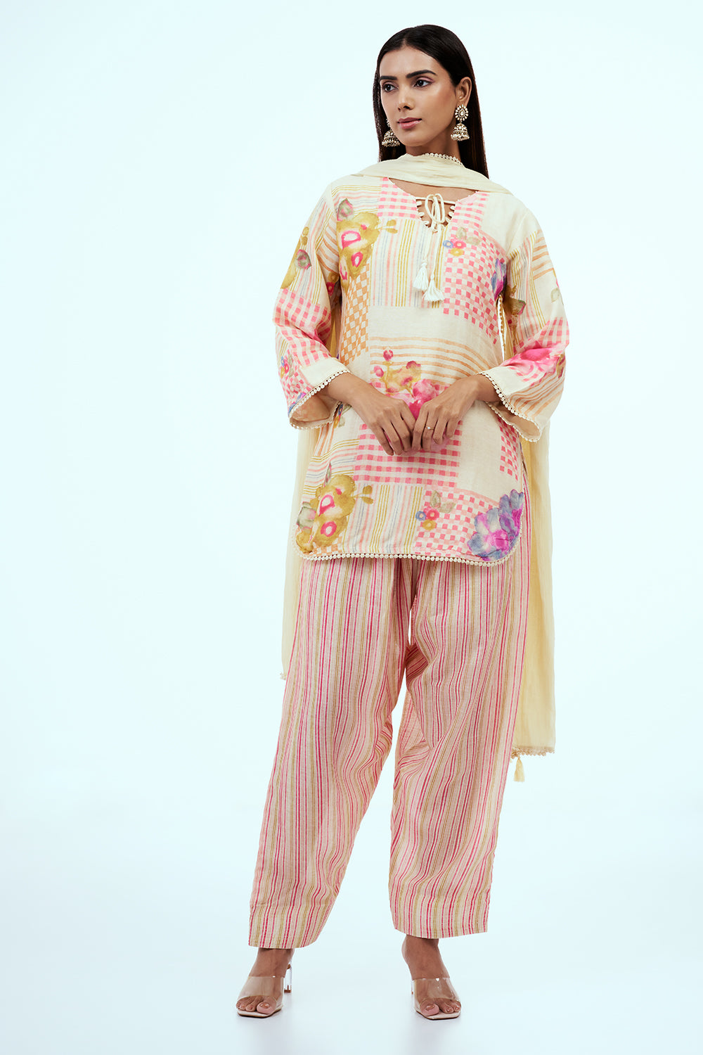 Multicolour Cotton Blended Printed Patiala Set with Dupatta