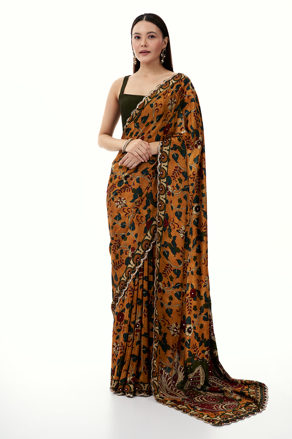 Multicolour Crepe Floral Print Saree with Mirror Work