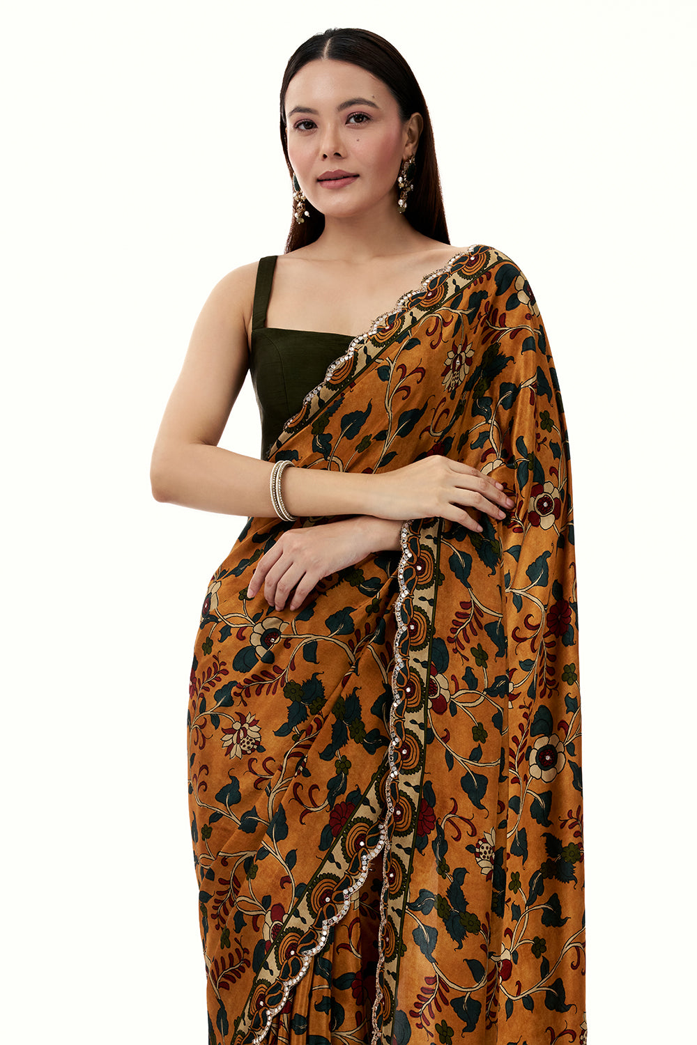 Multicolour Crepe Floral Print Saree with Mirror Work