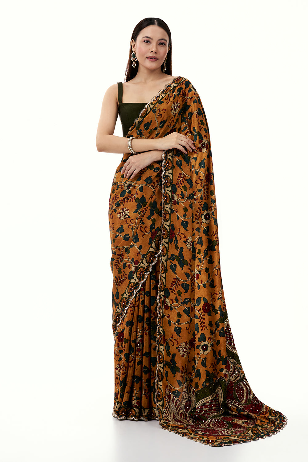 Multicolour Crepe Floral Print Saree with Mirror Work