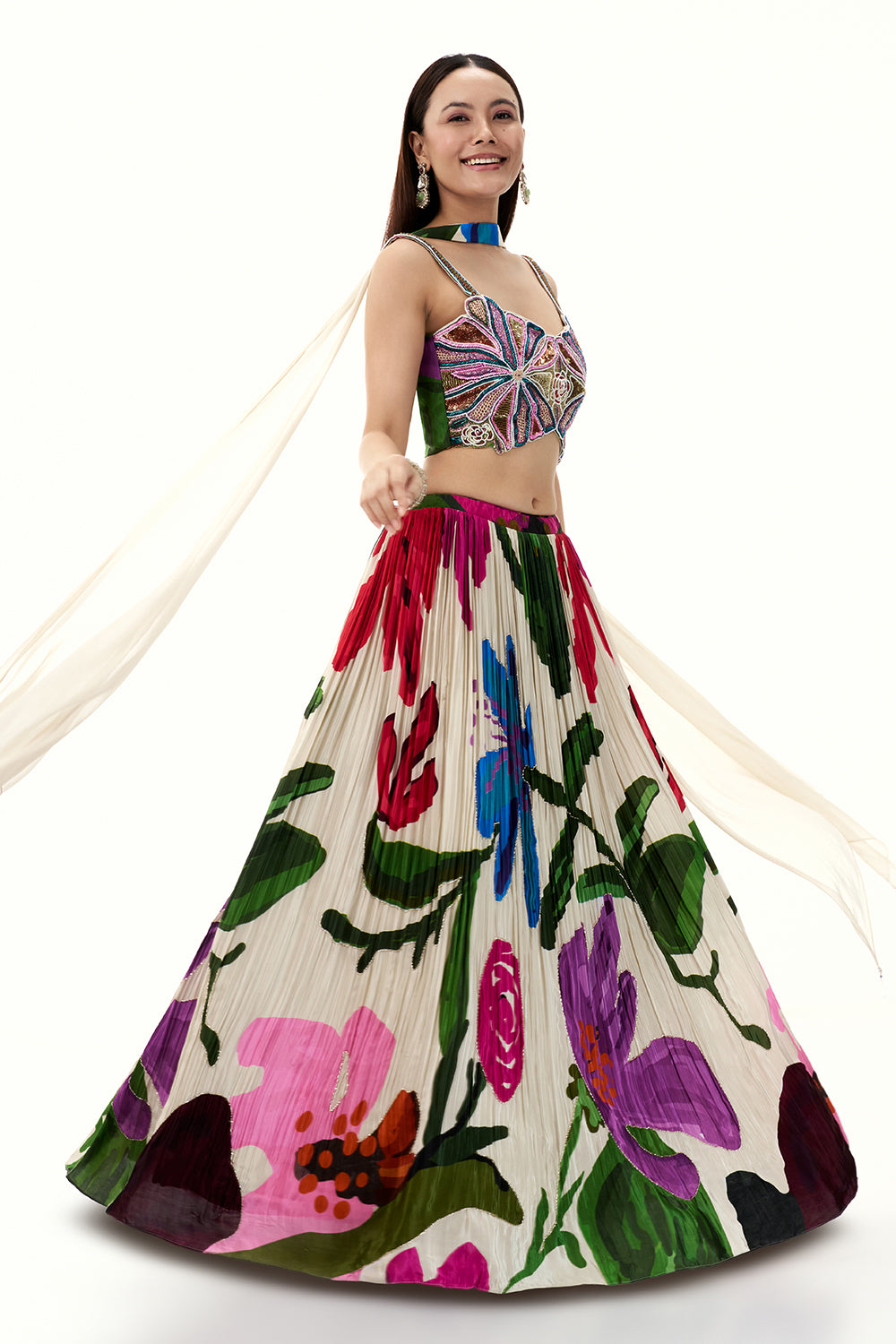 Multicolour Crepe Lehenga with Zardosi and Cutdana Work