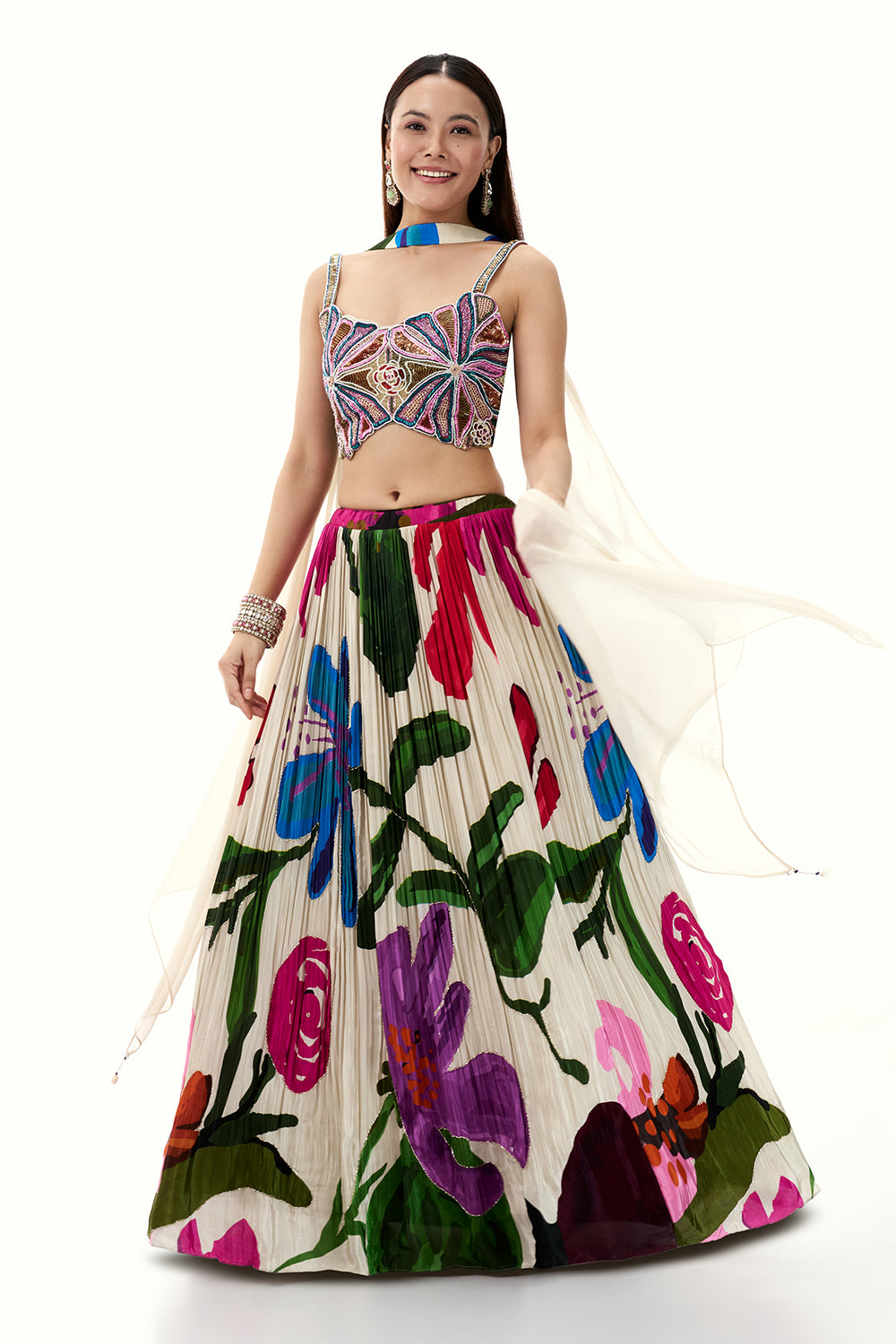 Multicolour Crepe Lehenga with Zardosi and Cutdana Work