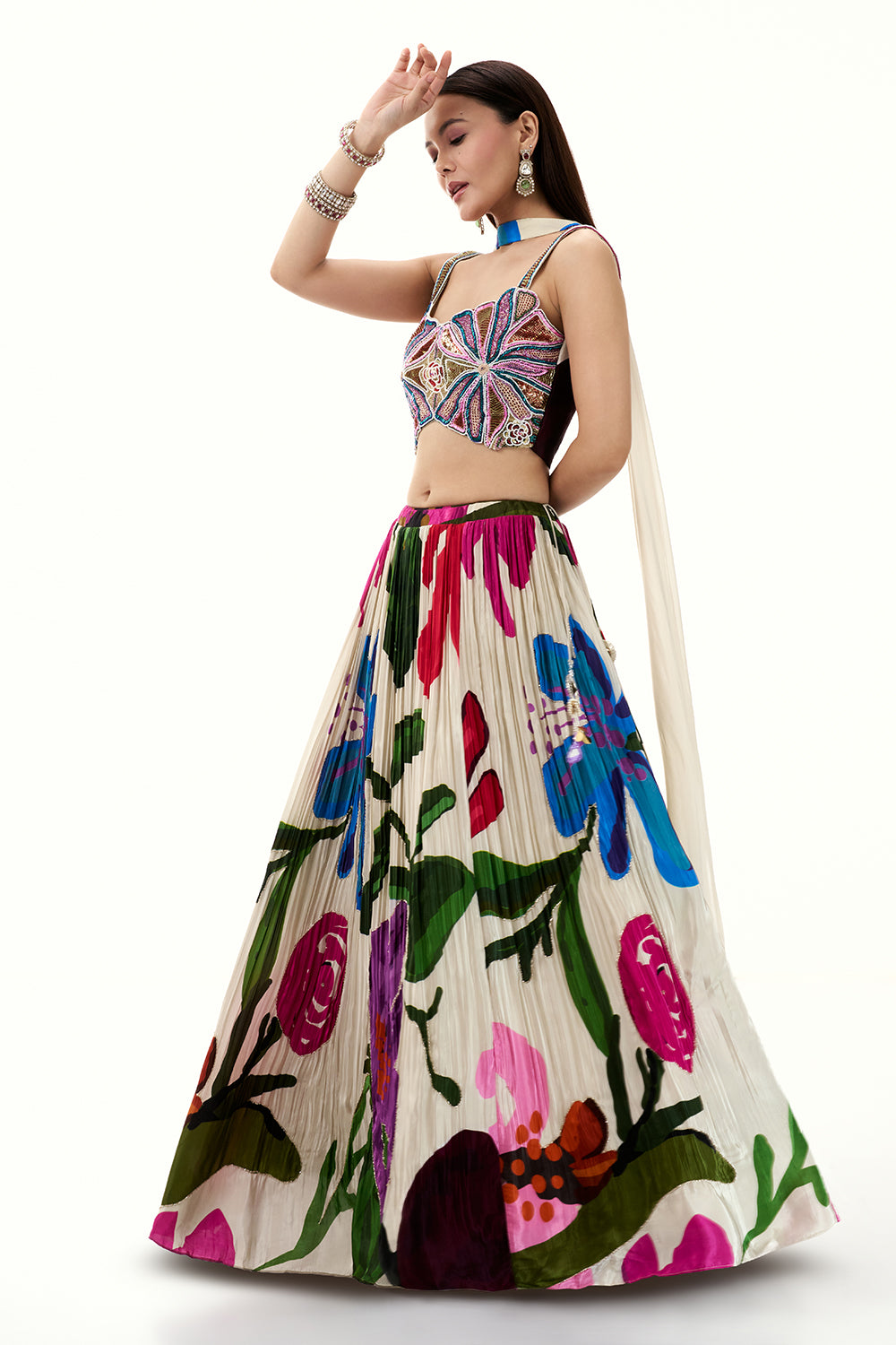 Multicolour Crepe Lehenga with Zardosi and Cutdana Work
