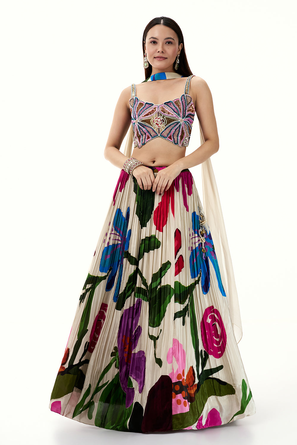 Multicolour Crepe Lehenga with Zardosi and Cutdana Work