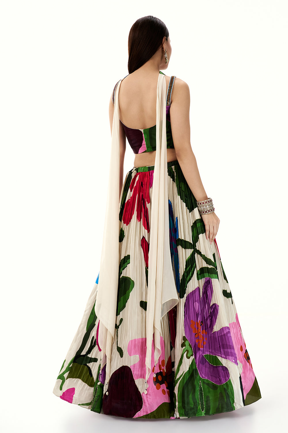 Multicolour Crepe Lehenga with Zardosi and Cutdana Work