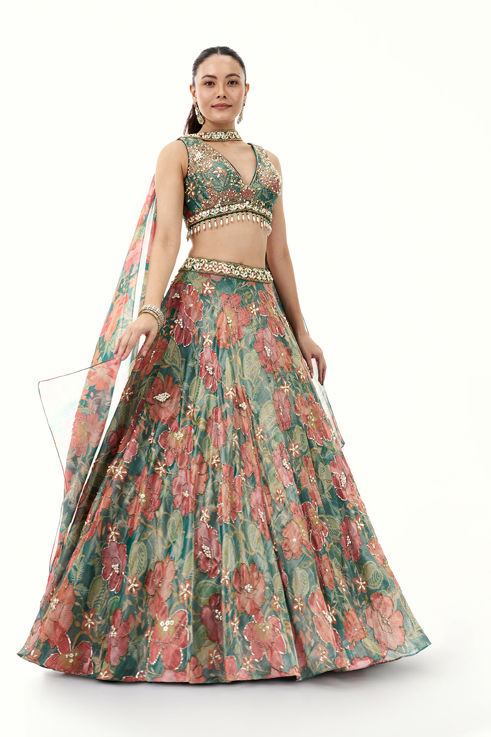 Multicolour Floral Print Tissue Lehenga with Moti Work