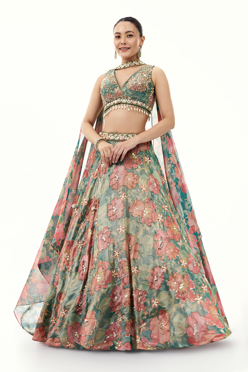 Multicolour Floral Print Tissue Lehenga with Moti Work