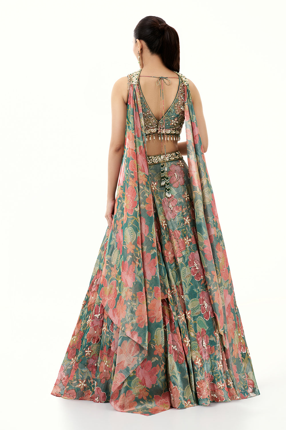 Multicolour Floral Print Tissue Lehenga with Moti Work