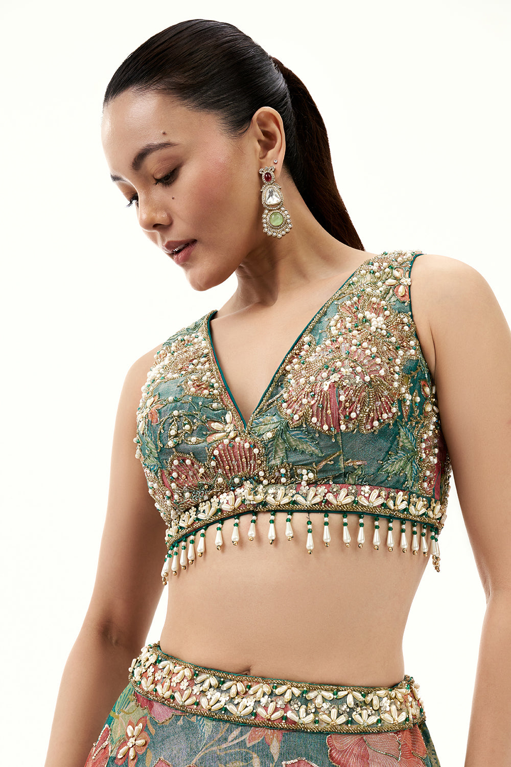 Multicolour Floral Print Tissue Lehenga with Moti Work