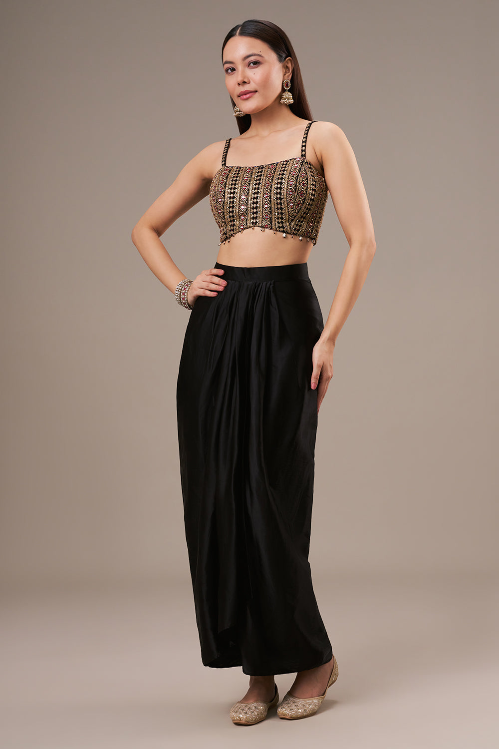 Multicolour Modal Drape Skirt Set with Zari and Mirror Work