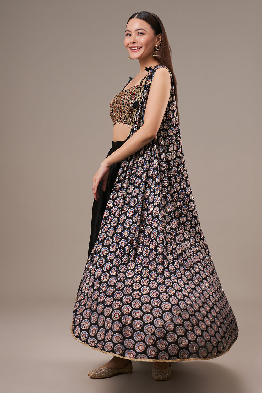 Multicolour Modal Drape Skirt Set with Zari and Mirror Work