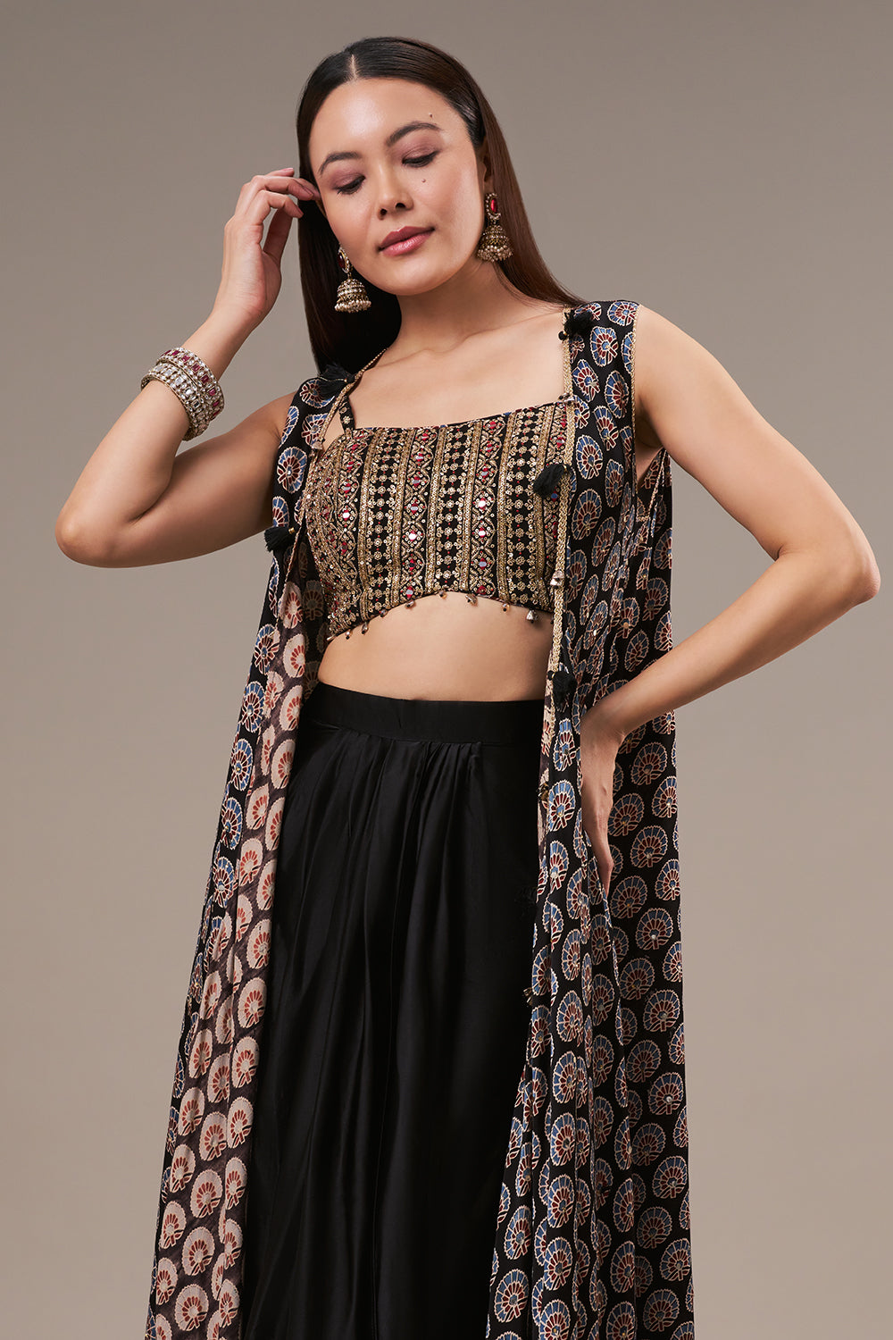 Multicolour Modal Drape Skirt Set with Zari and Mirror Work