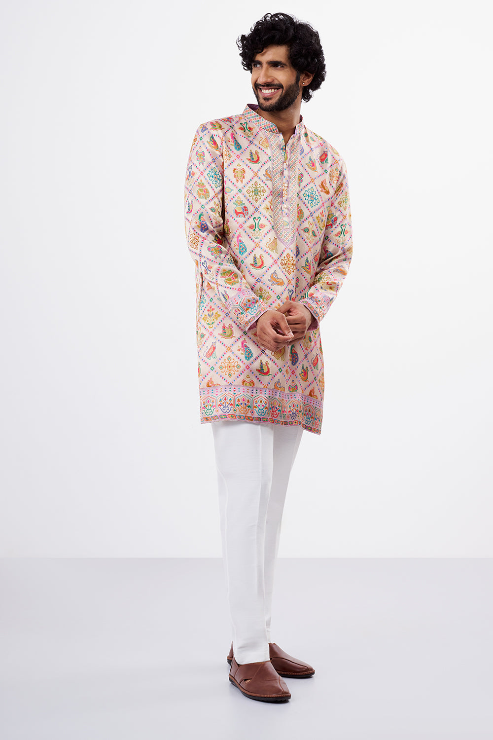 Multicolour Patola Print Silk Blend Men's Kurta Set