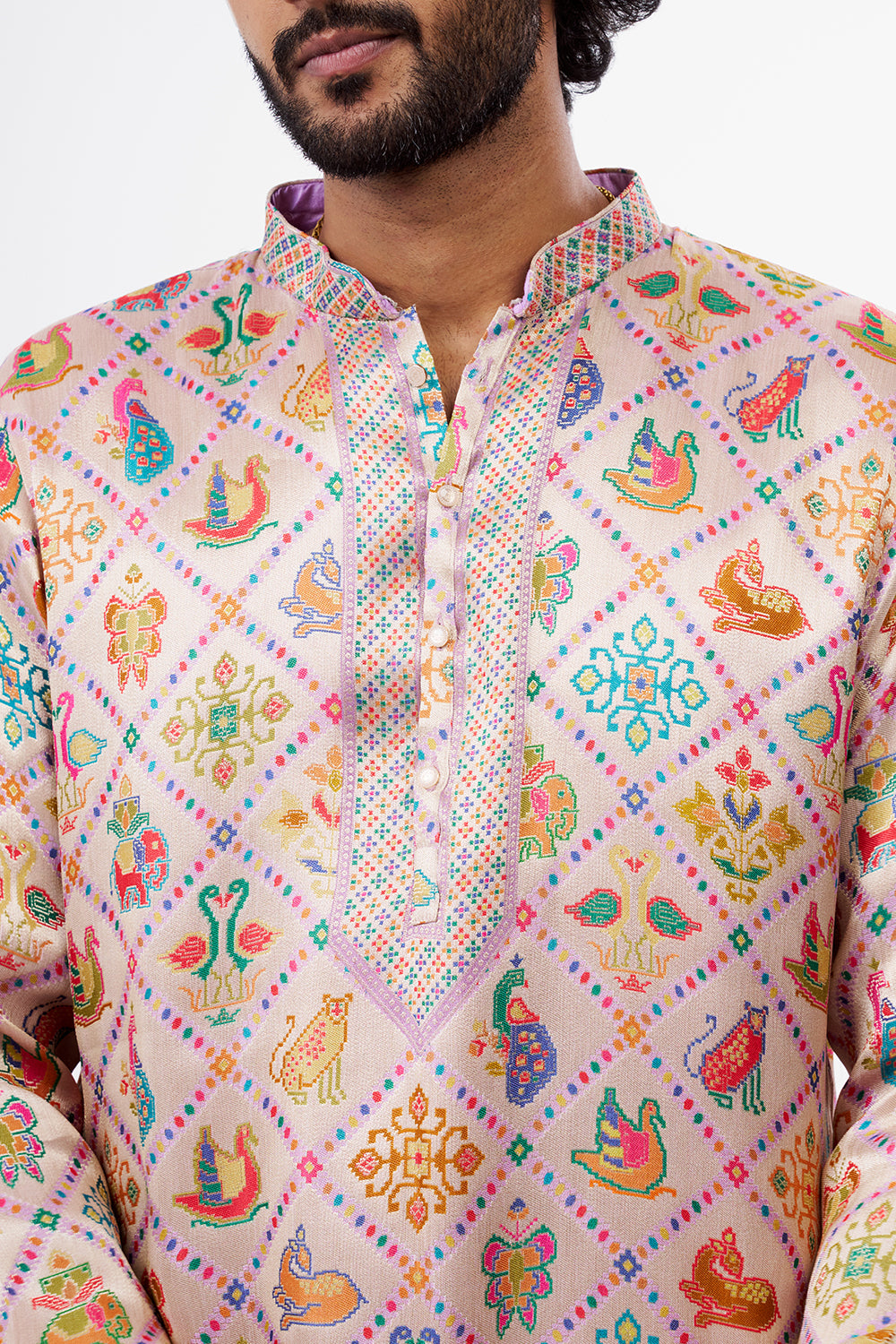 Multicolour Patola Print Silk Blend Men's Kurta Set