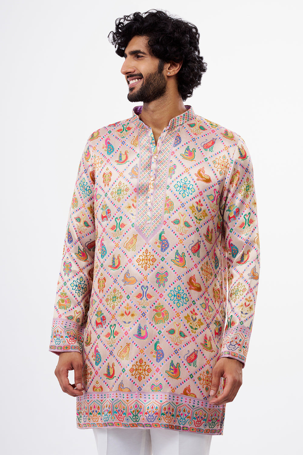 Multicolour Patola Print Silk Blend Men's Kurta Set