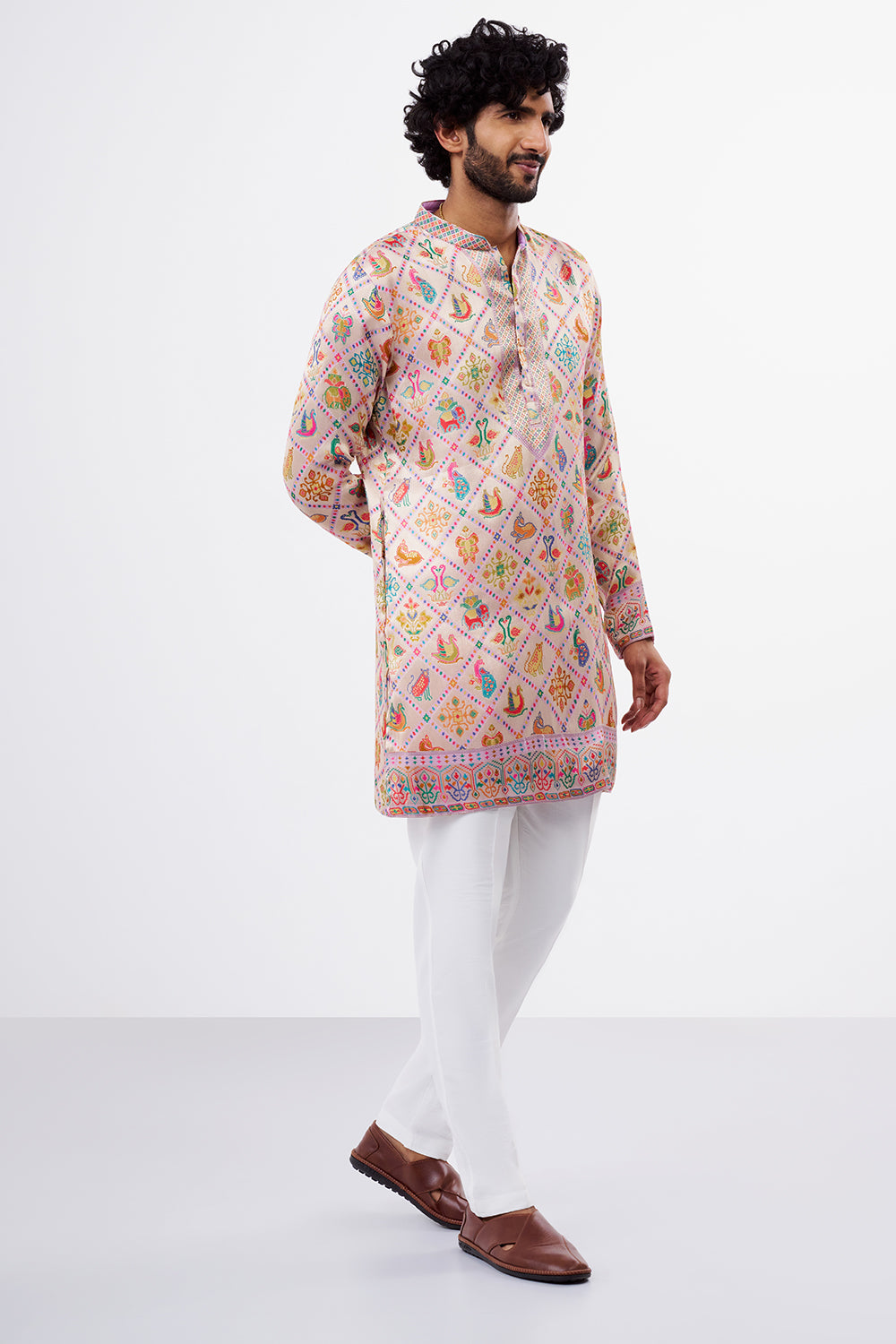 Multicolour Patola Print Silk Blend Men's Kurta Set