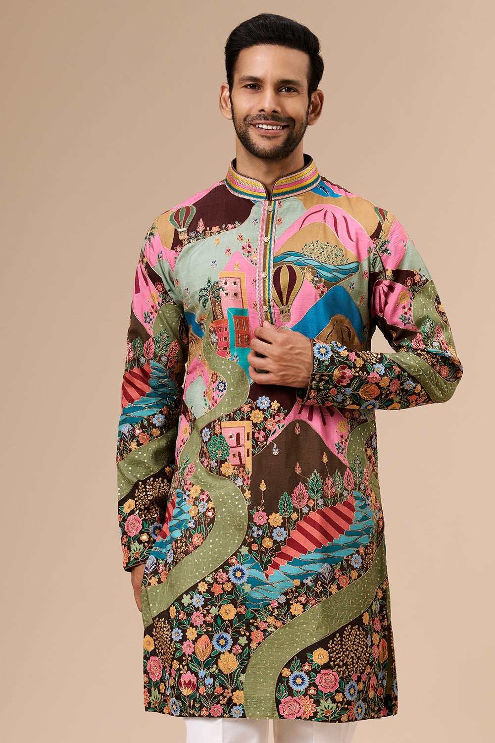 Multicolour Printed Tussar Mens Kurta with Zari and Sequin Work