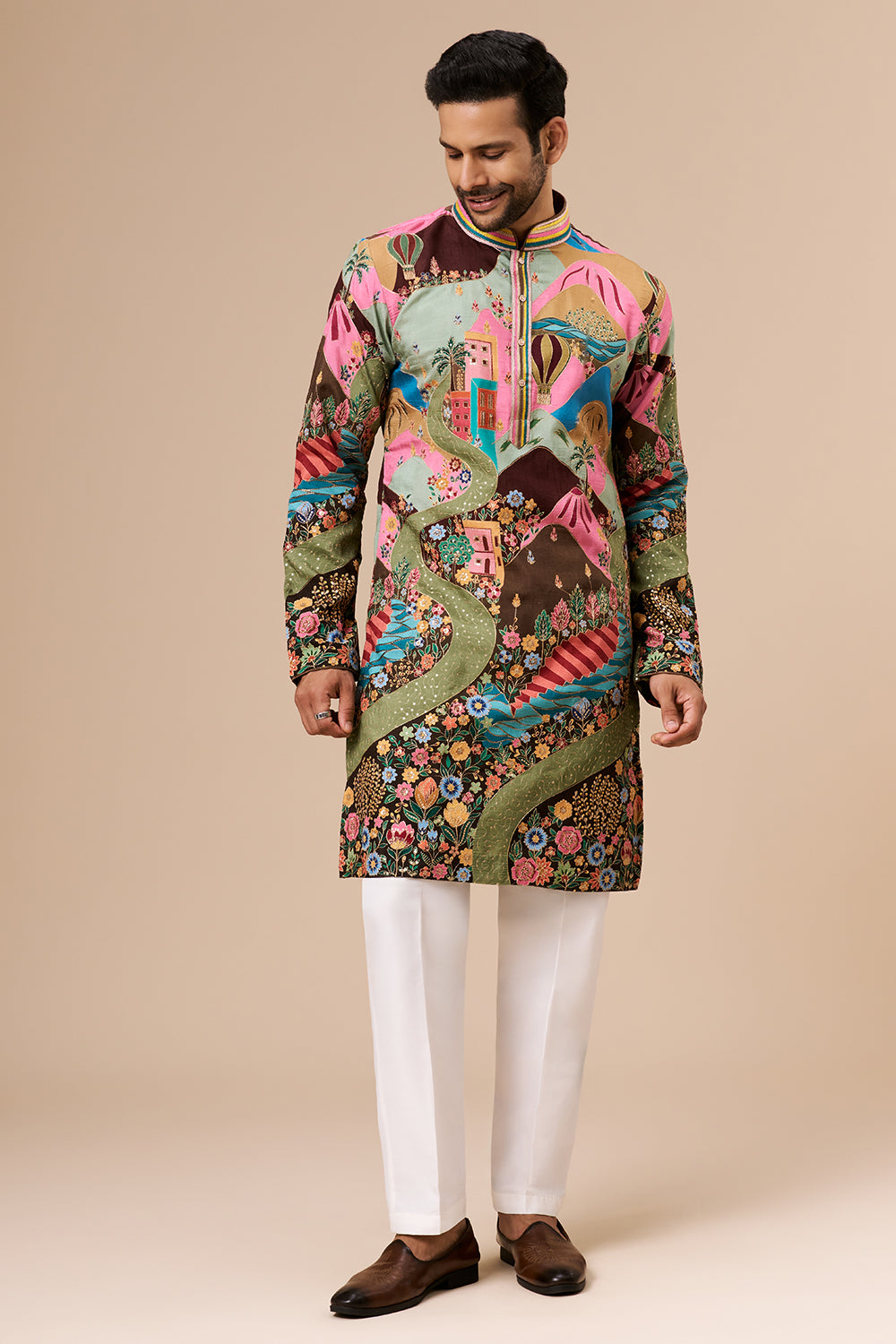 Multicolour Printed Tussar Mens Kurta with Zari and Sequin Work