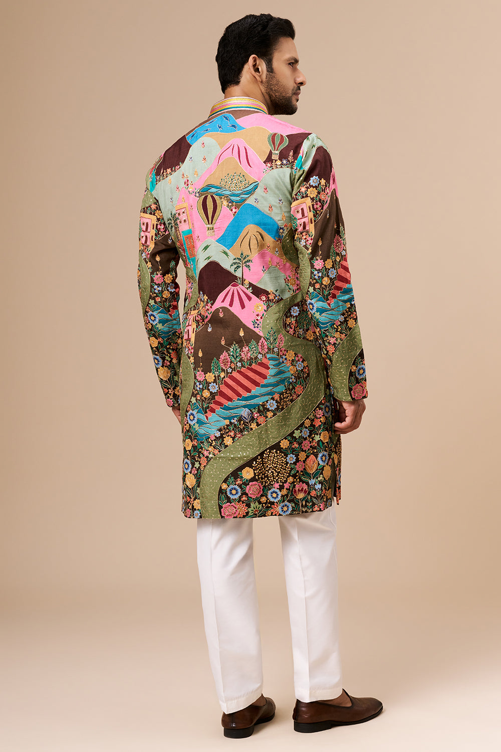 Multicolour Printed Tussar Mens Kurta with Zari and Sequin Work