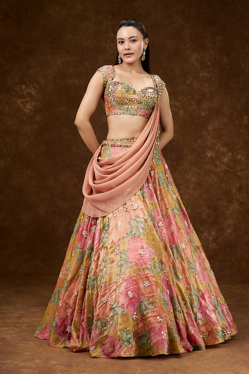 Multicolour Satin Crepe Lehenga with Pearl and Bead Work