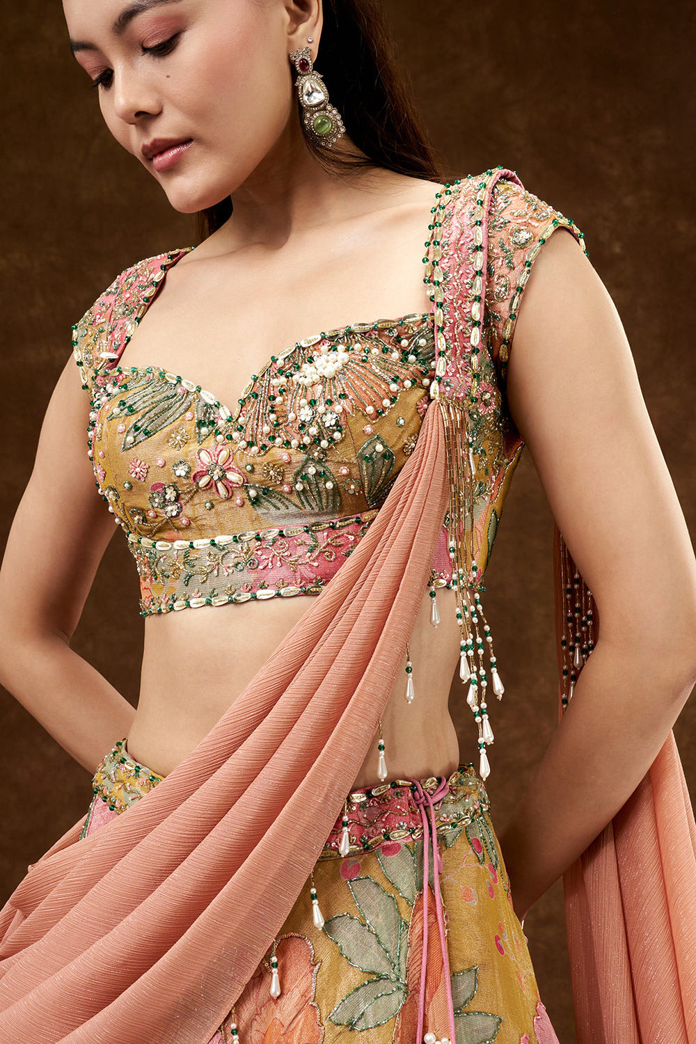 Multicolour Satin Crepe Lehenga with Pearl and Bead Work