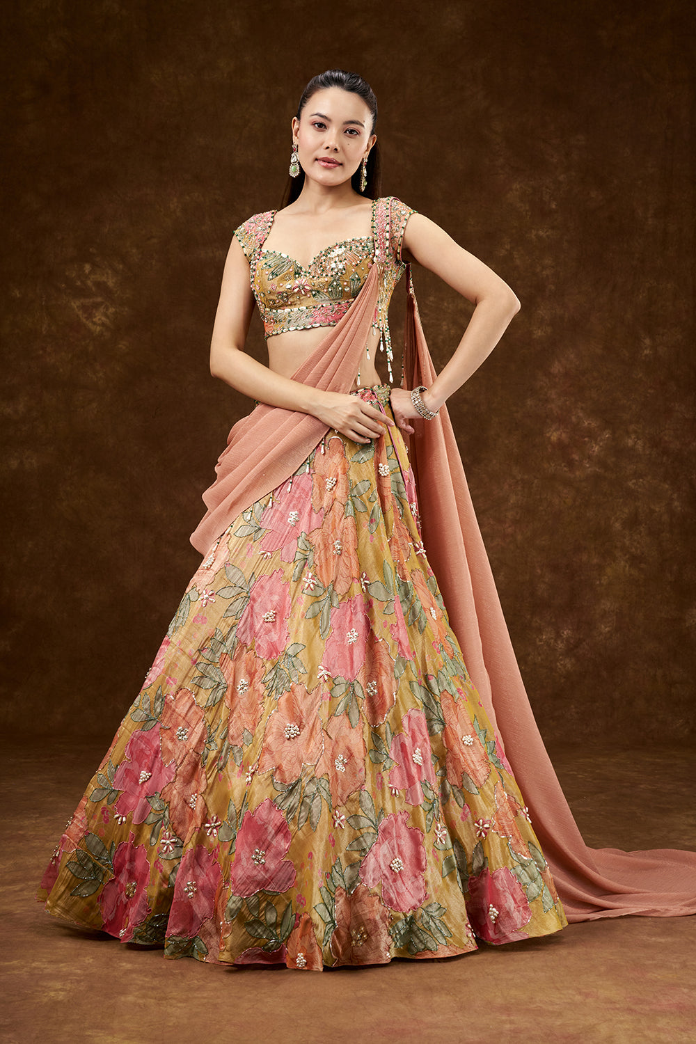 Multicolour Satin Crepe Lehenga with Pearl and Bead Work