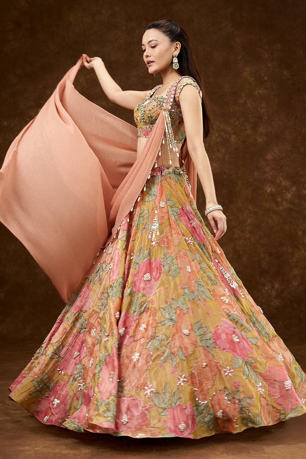 Multicolour Satin Crepe Lehenga with Pearl and Bead Work