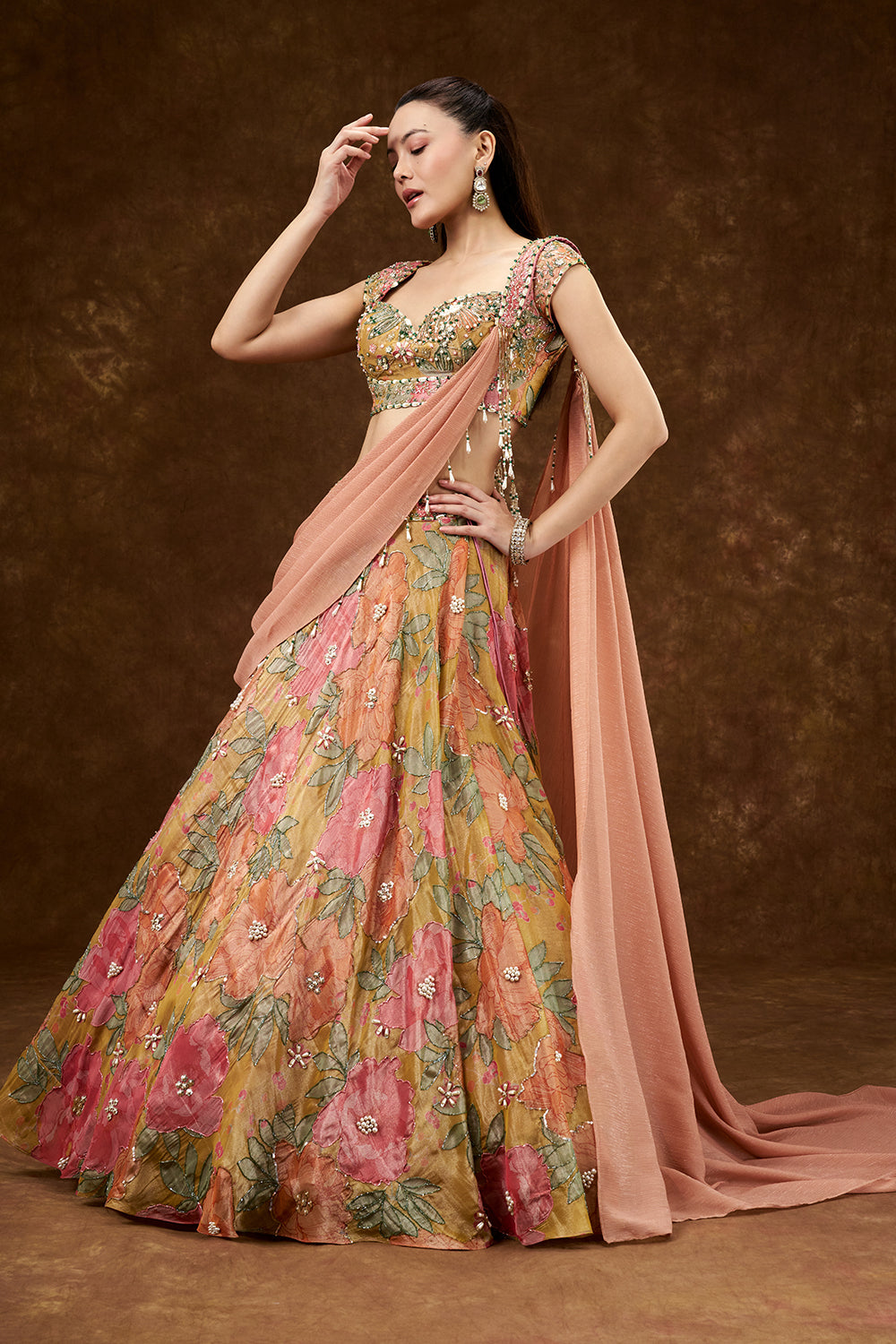 Multicolour Satin Crepe Lehenga with Pearl and Bead Work