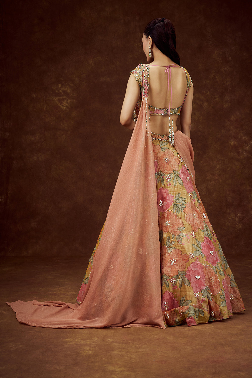 Multicolour Satin Crepe Lehenga with Pearl and Bead Work